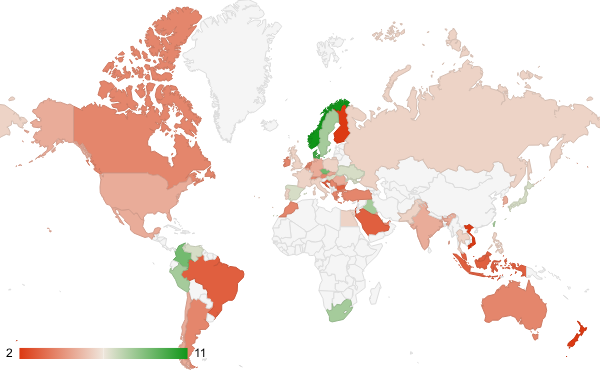 2024년 1월 예술 엔터테인먼트 카테고리 – 국가별 트래픽 패턴 지도