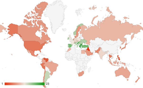 2024년 8월 뉴스 카테고리 – 국가별 트래픽 패턴 지도