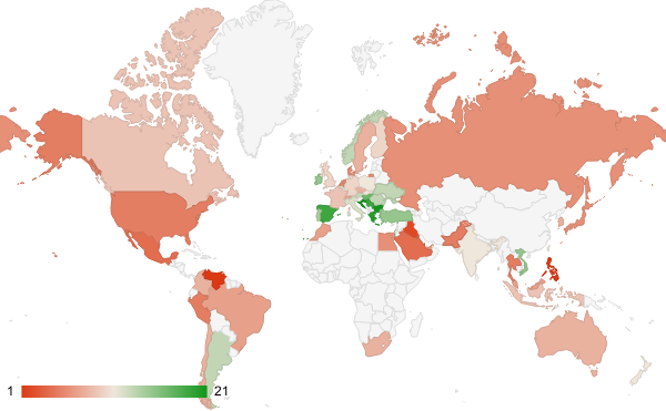 2025년 1월 뉴스 카테고리 – 국가별 트래픽 패턴 지도