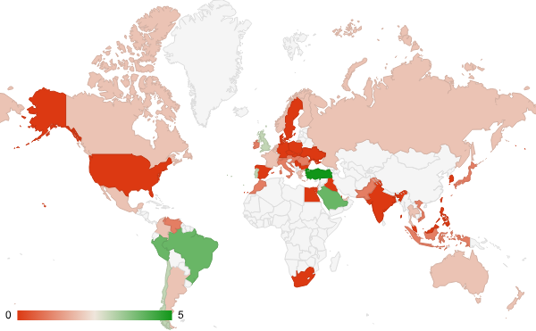 2025년 1월 사법 및 정부기관 카테고리 – 국가별 트래픽 패턴 지도