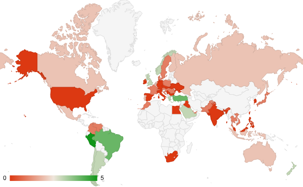 2025년 3월 사법 및 정부기관 카테고리 – 국가별 트래픽 패턴 지도