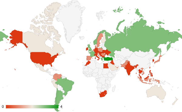 2025년 4월 사법 및 정부기관 카테고리 – 국가별 트래픽 패턴 지도