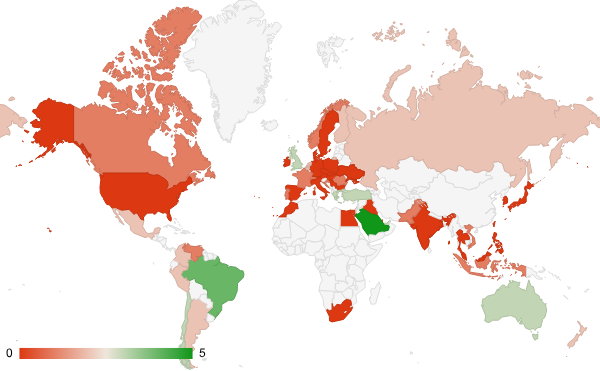 2025년 7월 사법 및 정부기관 카테고리 – 국가별 트래픽 패턴 지도