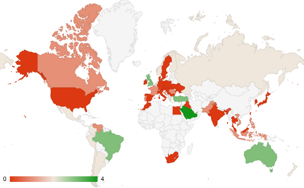 2025년 8월 사법 및 정부기관 카테고리 – 국가별 트래픽 패턴 지도