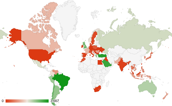 2025년 사법 및 정부기관 카테고리 – 국가별 트래픽 패턴 지도